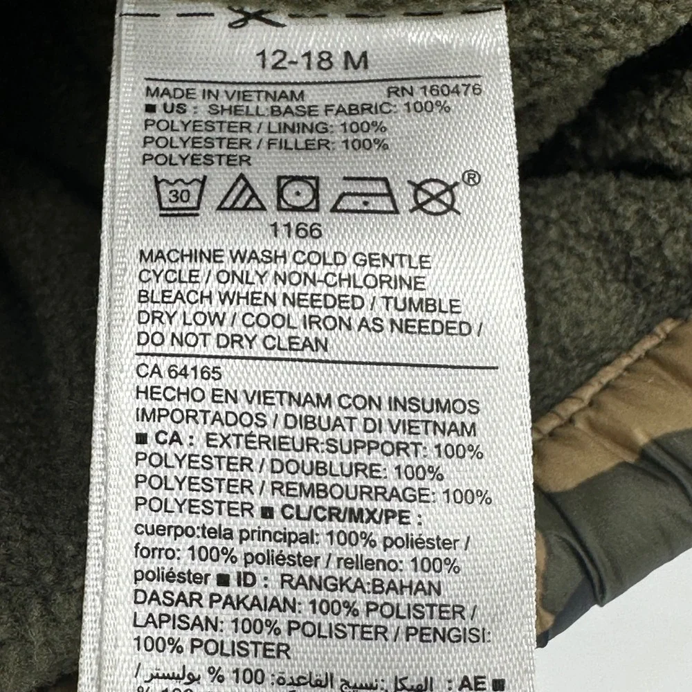 Old Navy Kids Camo Puffer Jacket Coat Hood with Ears Green 12-18‎ Months